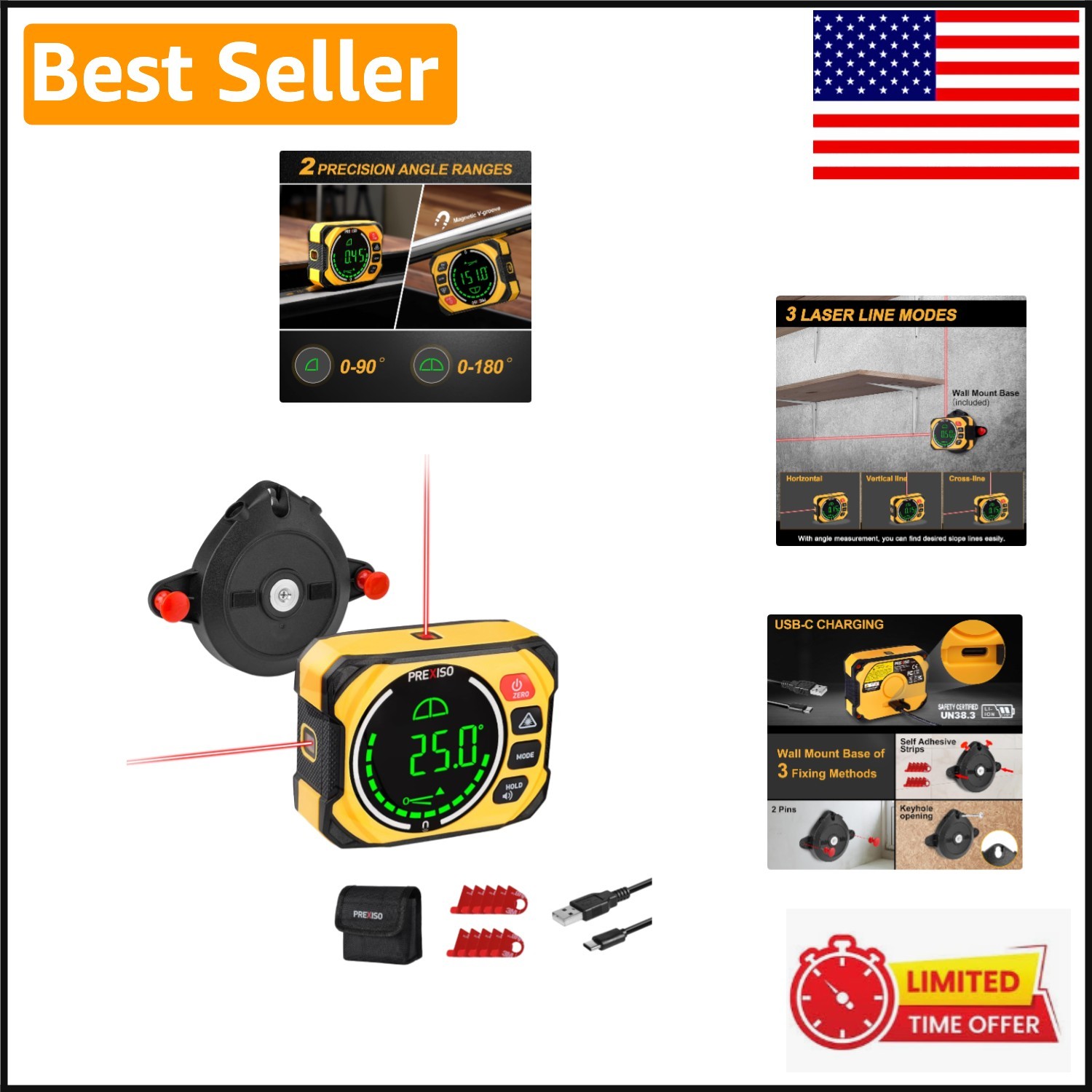 Rechargeable Angle Finder with Wall Mount & Auto Reversal - Perfect for Woodwork