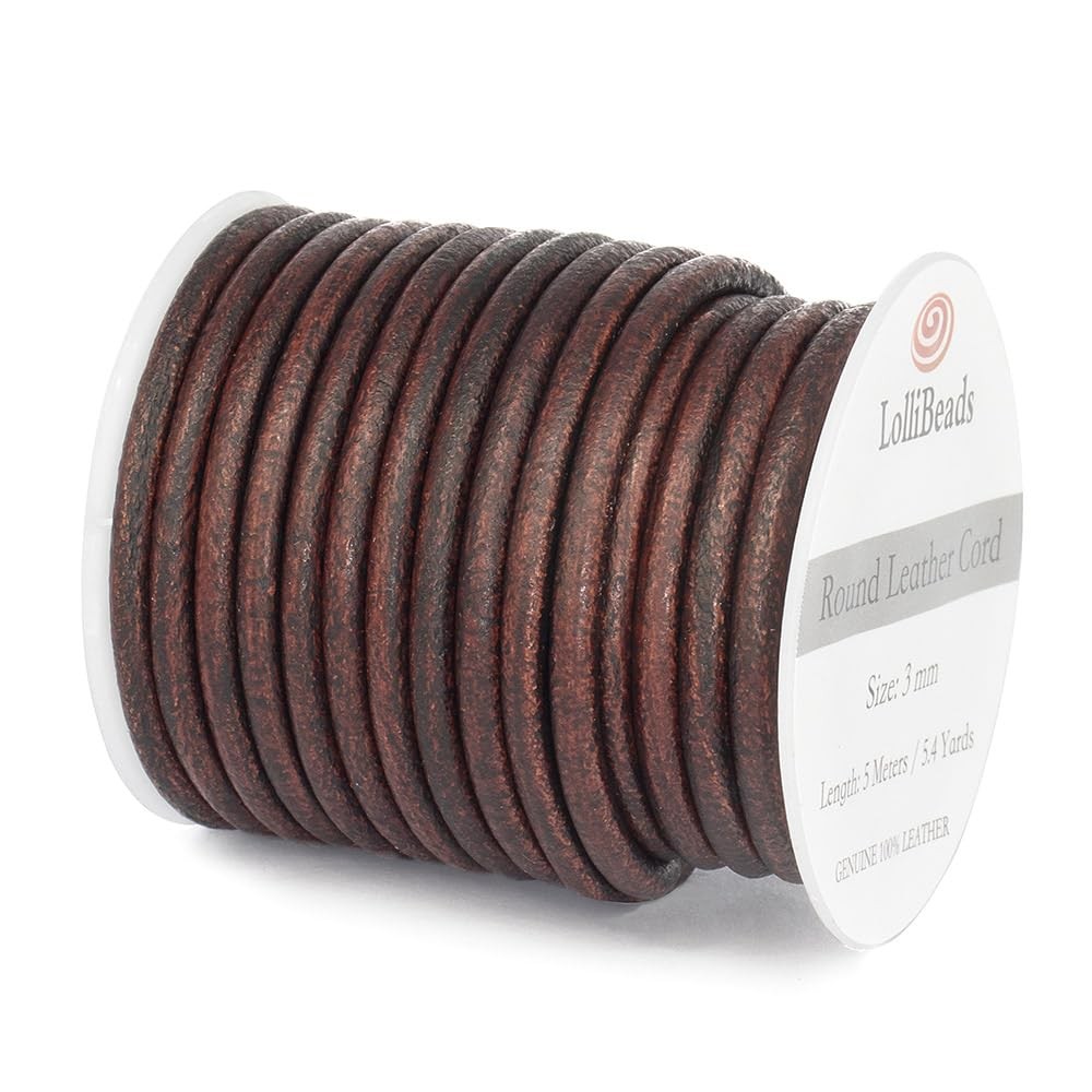 LolliBeads (TM) 3 mm Genuine Round Leather Cord Braiding String, Antique Brow...