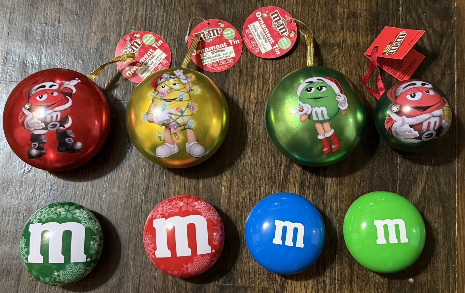 M&M Colored Candy Tins / Ornaments Lot of 8 Total Christmas Tree Decor Collector