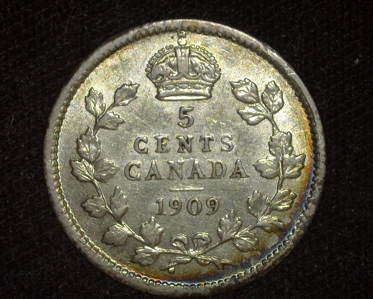 CANADA 1909 ROUND LEAVES 5 CENTS KM13 SILVER ABOUT UNCIRCULATED ~M16