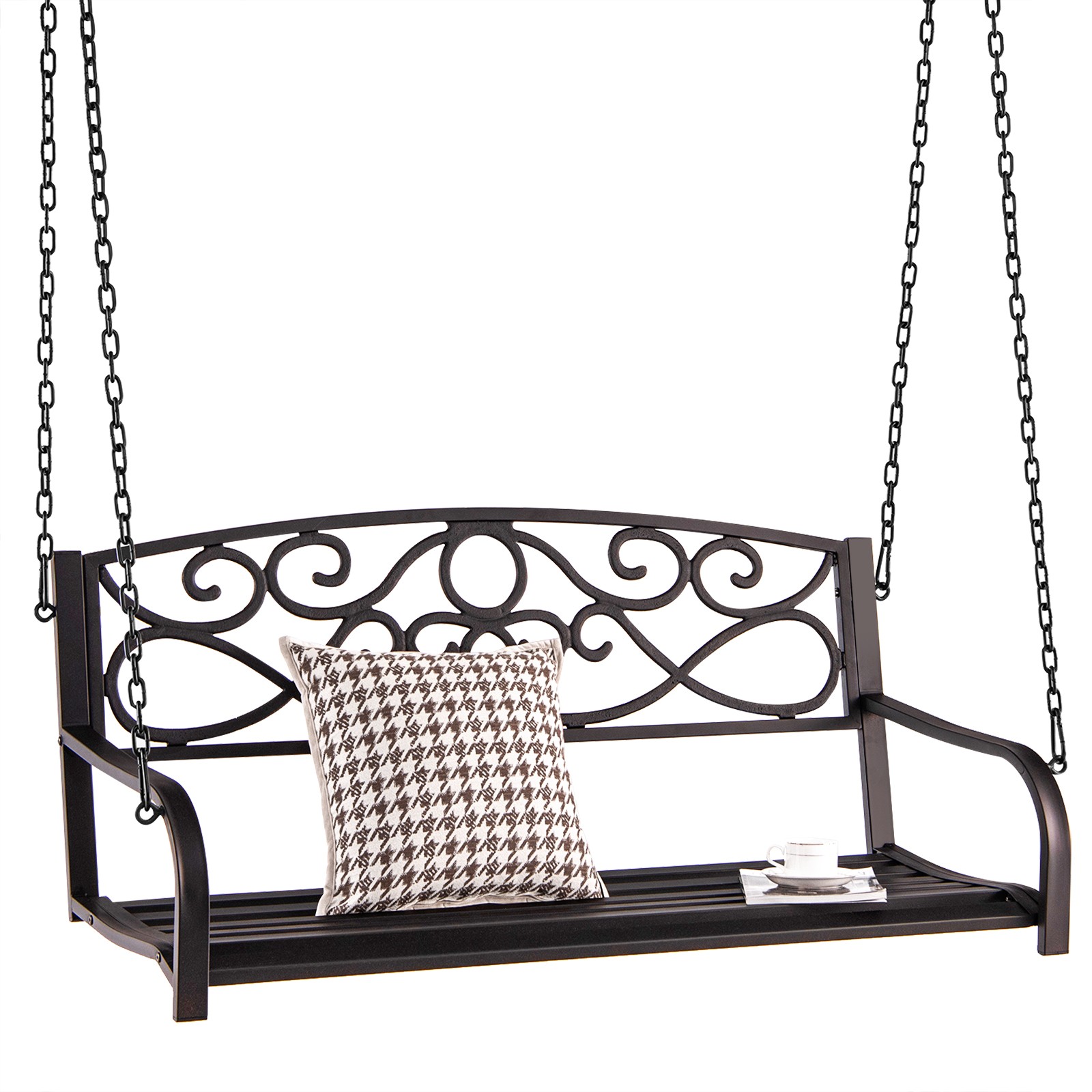 Outdoor 2-Person Metal Porch Swing Hanging Patio Bench 485 Lbs Capacity Brown