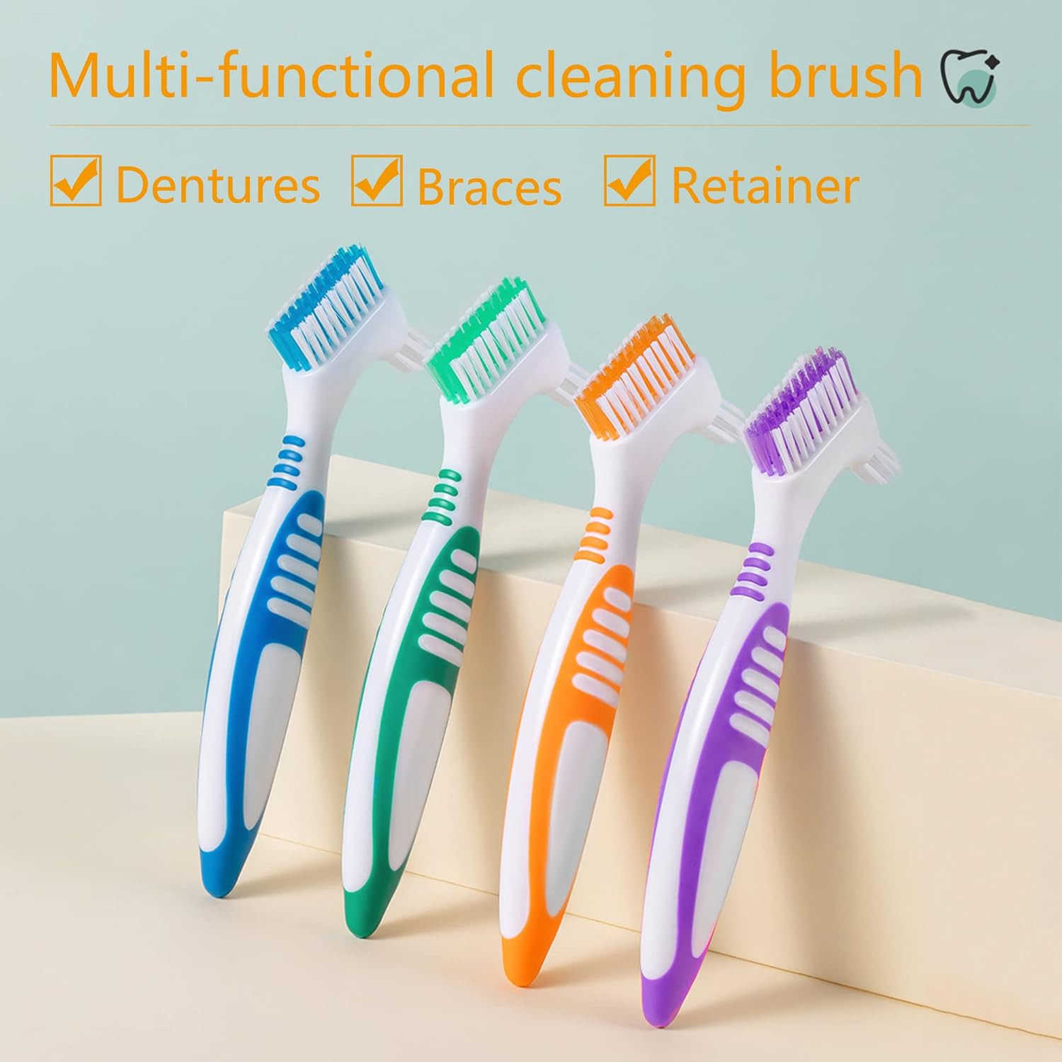 Cepillo para Dentaduras 4Pzs Doble Cara Mango Antideslizante Colores Surtidos