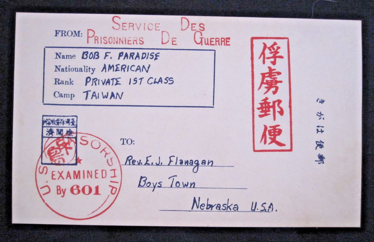 American Prisoner of War in 1943, Taiwan Prison to a Reverend in Boys Town, Neb.