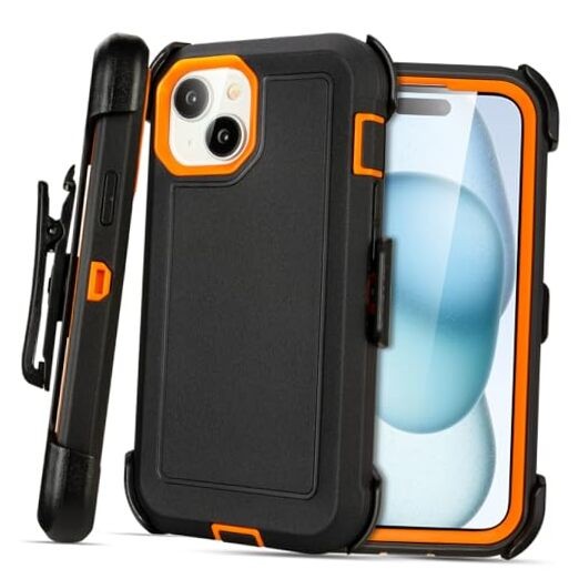 Case with Clip Belt Holster, Heavy Duty Military for iPhone 16 Black+Orange