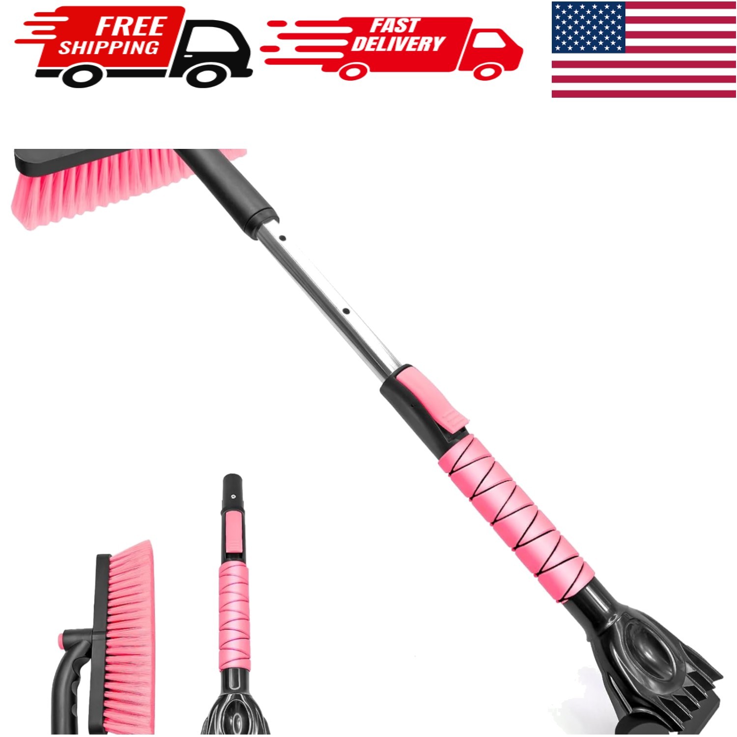 33 Inch Pink Snow Brush & Ice Scraper - Ergonomic Foam Grip for Winter Comfort