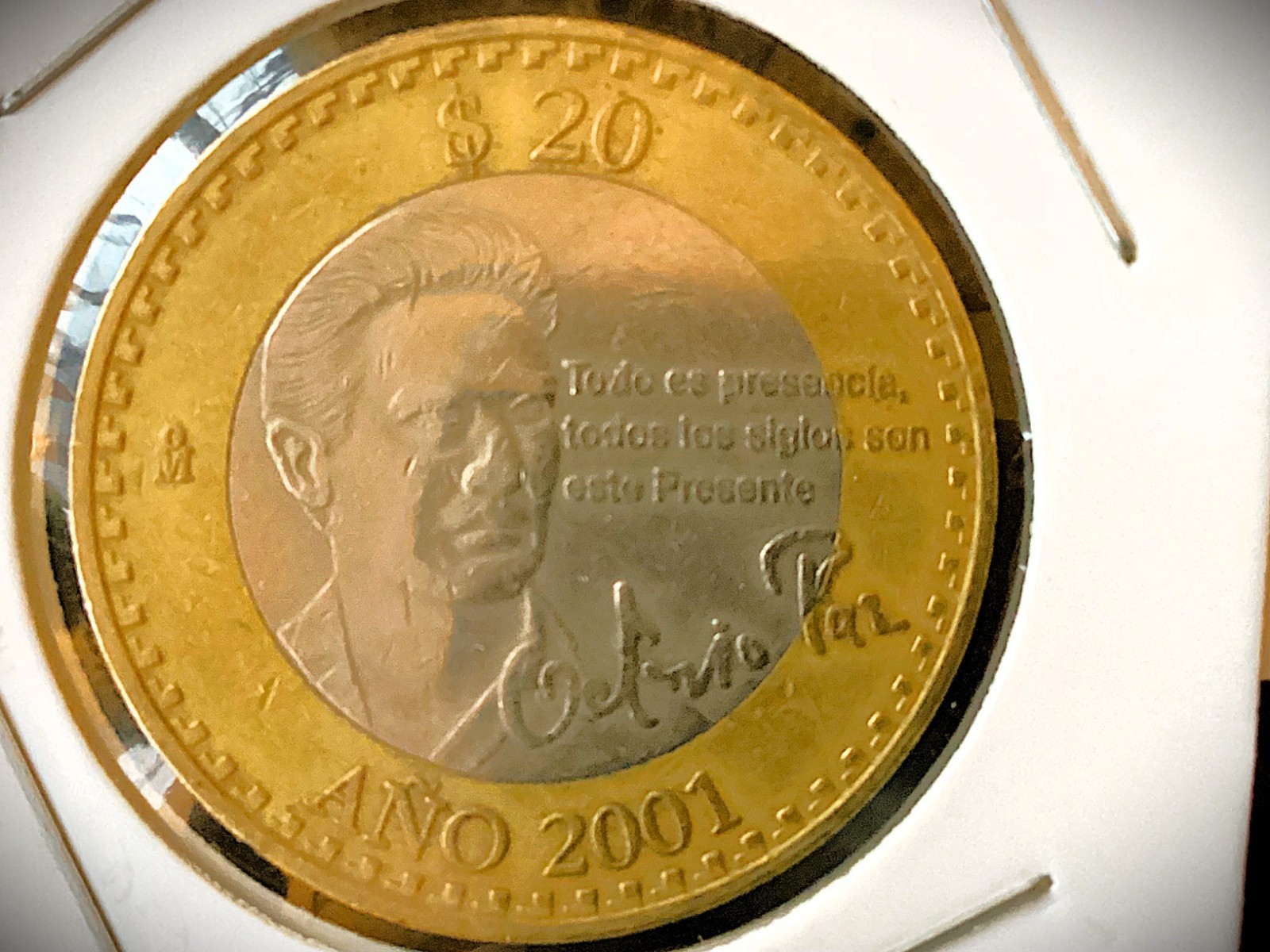 OCTAVIO PAZ YEAR 2001 BIMETALIC MEXICAN COIN 20 PESOS #1307M RARE GOOD CONDITION