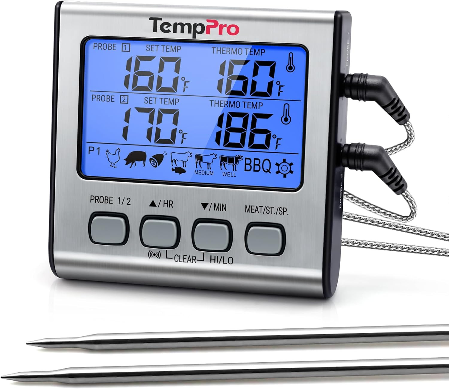 Temptrack Digital Cooking Meat Thermometer with Dual Meat Probe | Large LCD Back