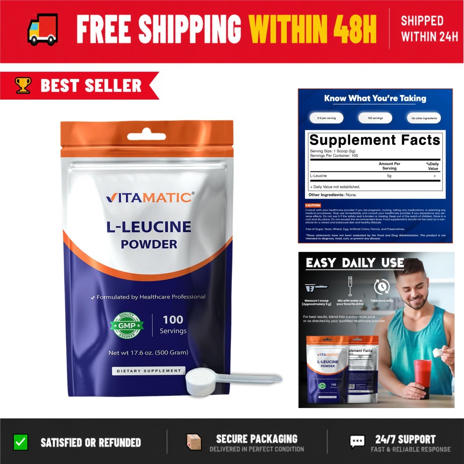 Vitamatic L-Leucine Powder 500g - Pure Amino Acid Supplement