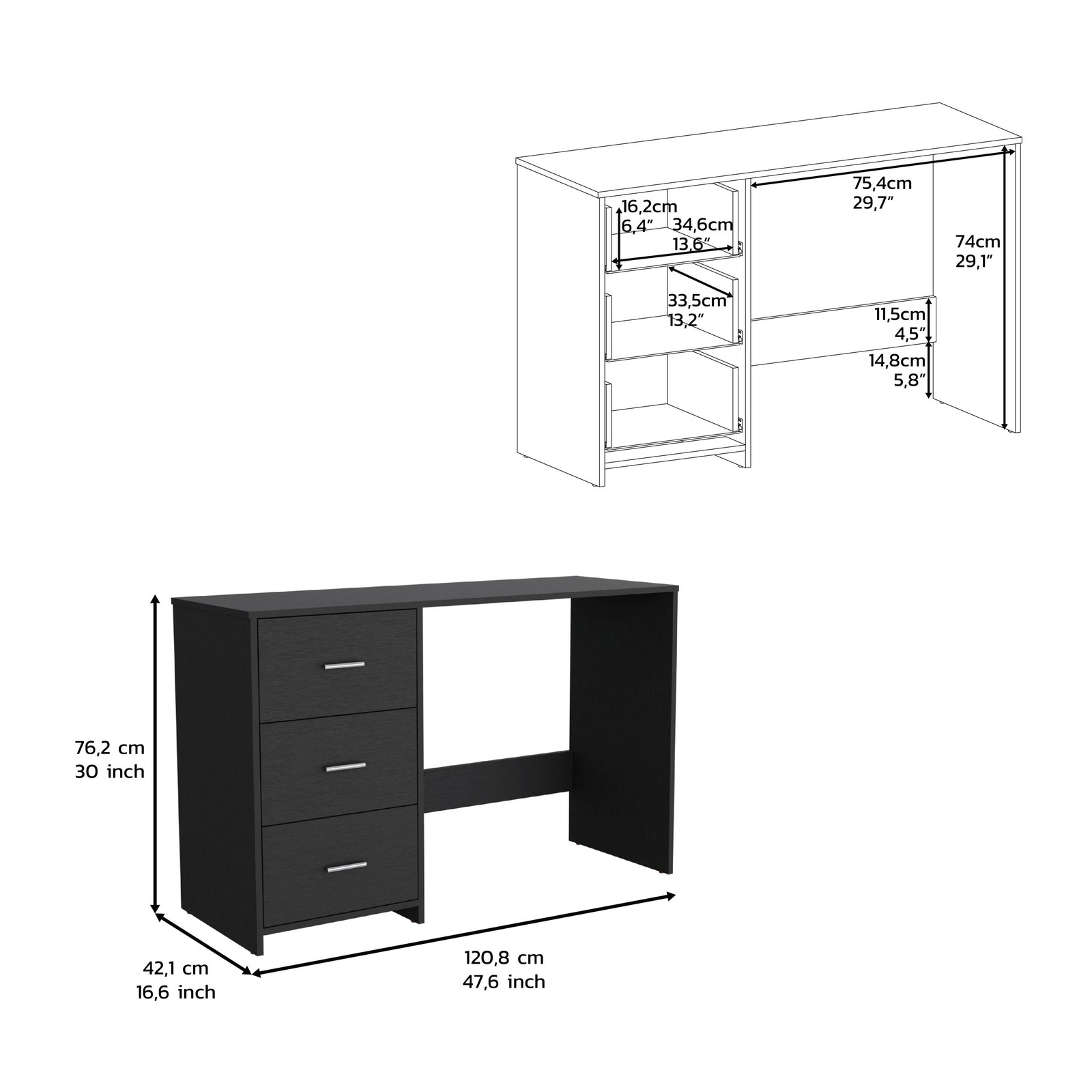 Writing Desk, 3 Drawers, Black