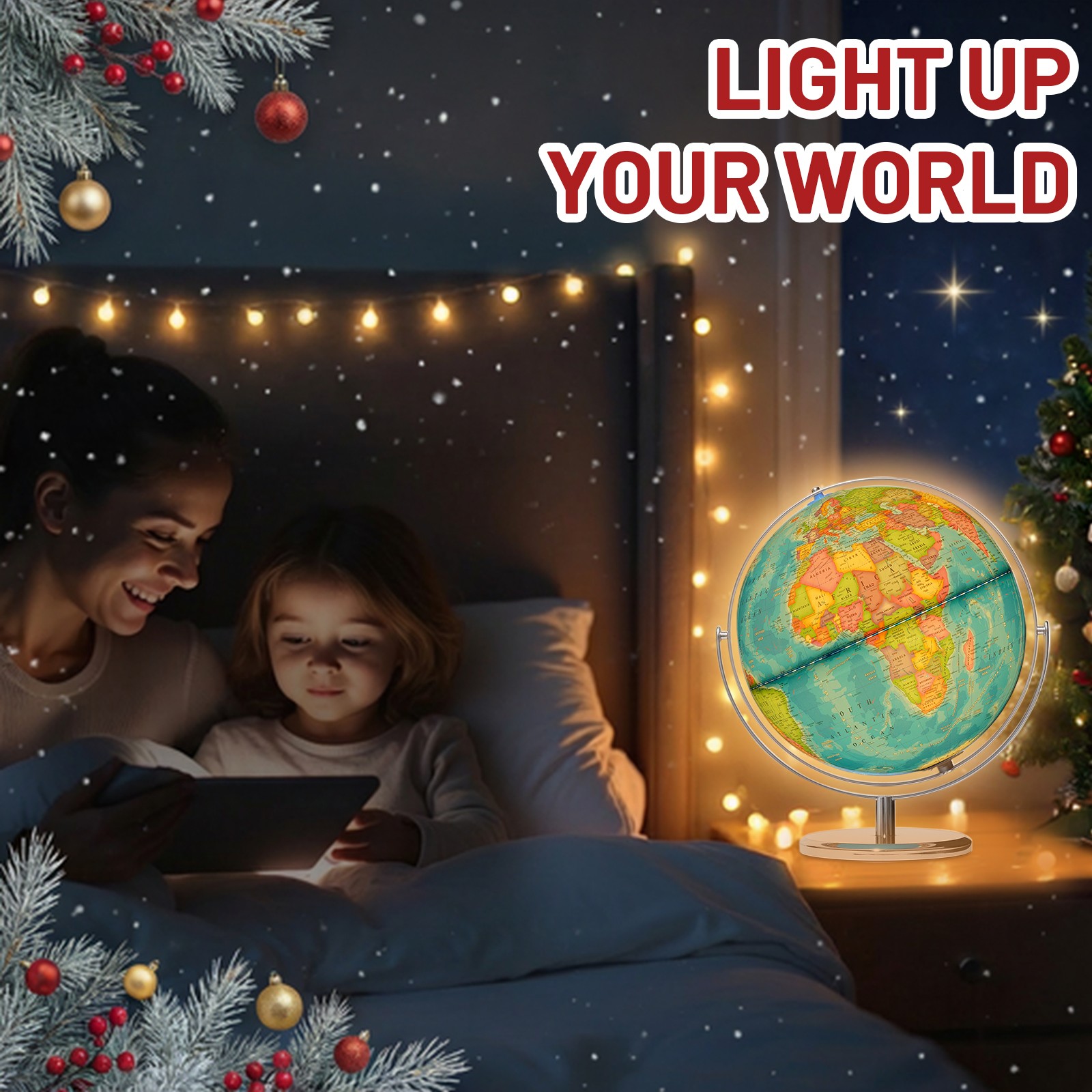 13" Illuminated Globe Map 720° Rotation with Touch Switch 3 LED Lighting Modes