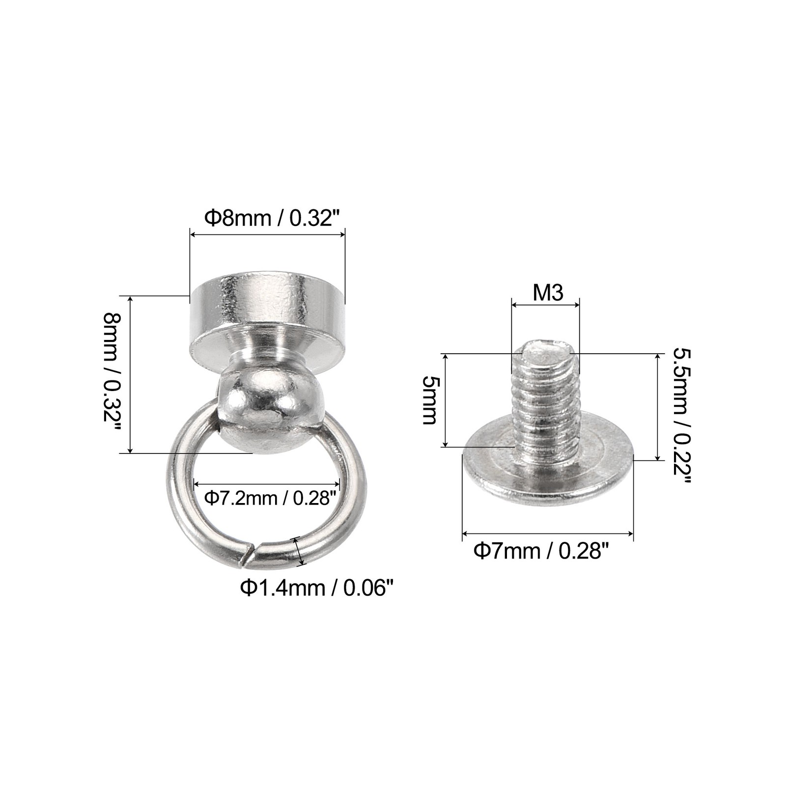 20pcs Pull Ring Rivets Studs Round Head 8x8mm for DIY Brass Silver Tone