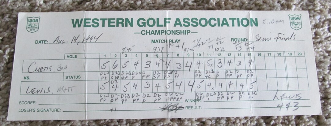 1 USED TOURNAMENT SCORECARD-1994 WESTERN GOLF MATCH PLAY-BEN CURTIS 2003 OPEN W