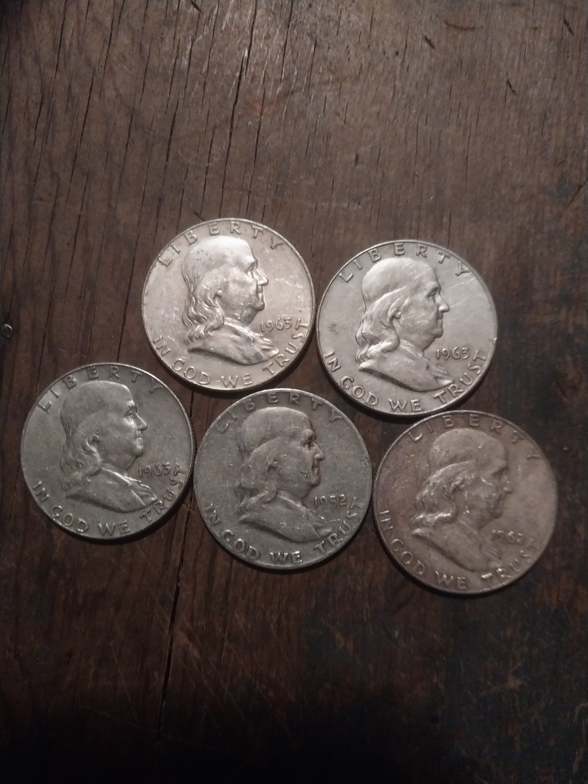 Five Franklin Silver Half Dollars