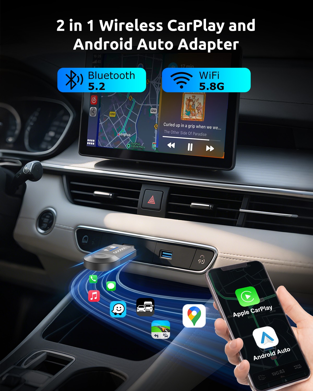 Mini Adapter Wireless CarPlay+Android Auto Adapter USB Plug & Play Navigation