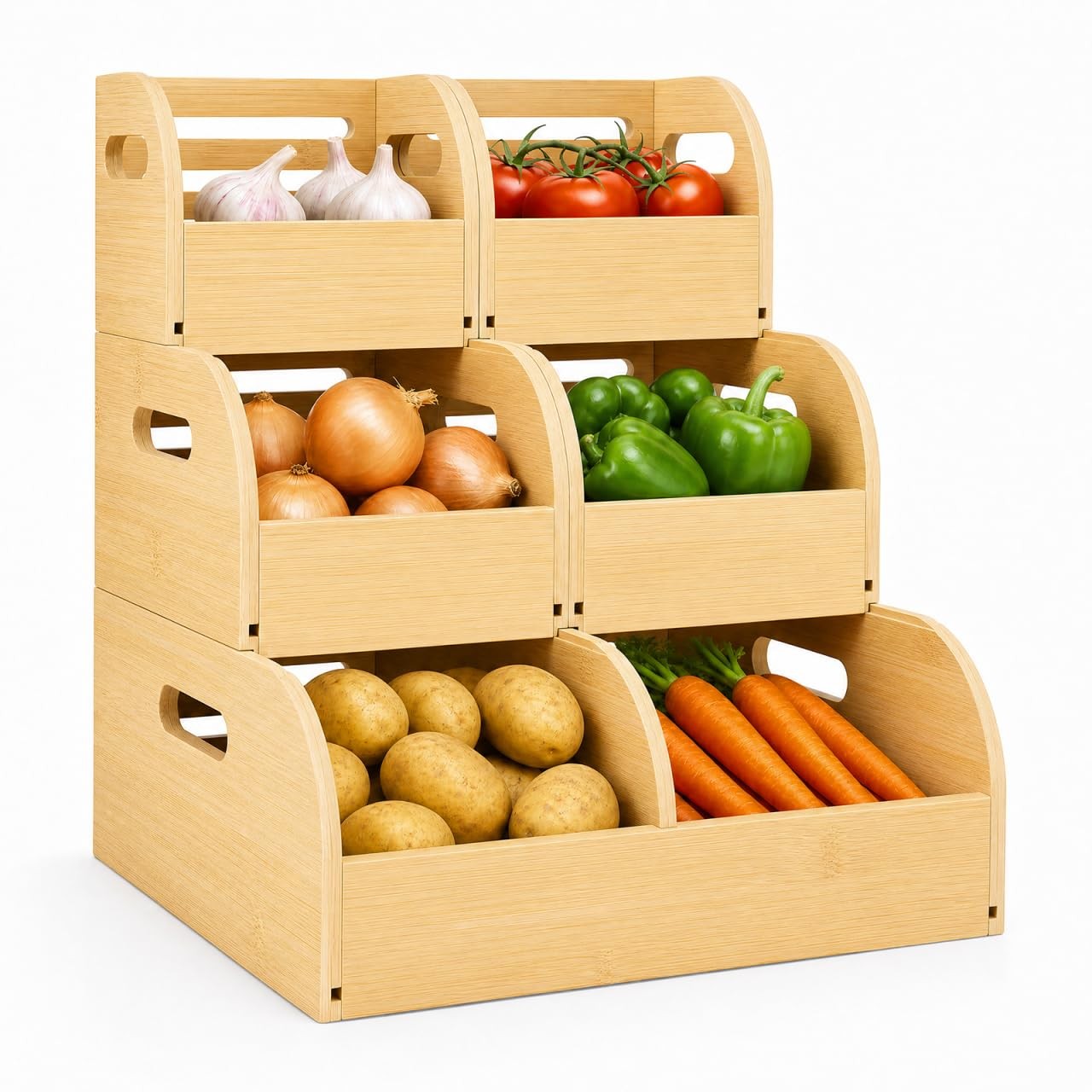 GLEAVI Bamboo Potato and Onion Storage Bin, 3 Tier Slide-Out Vegetable Basket...
