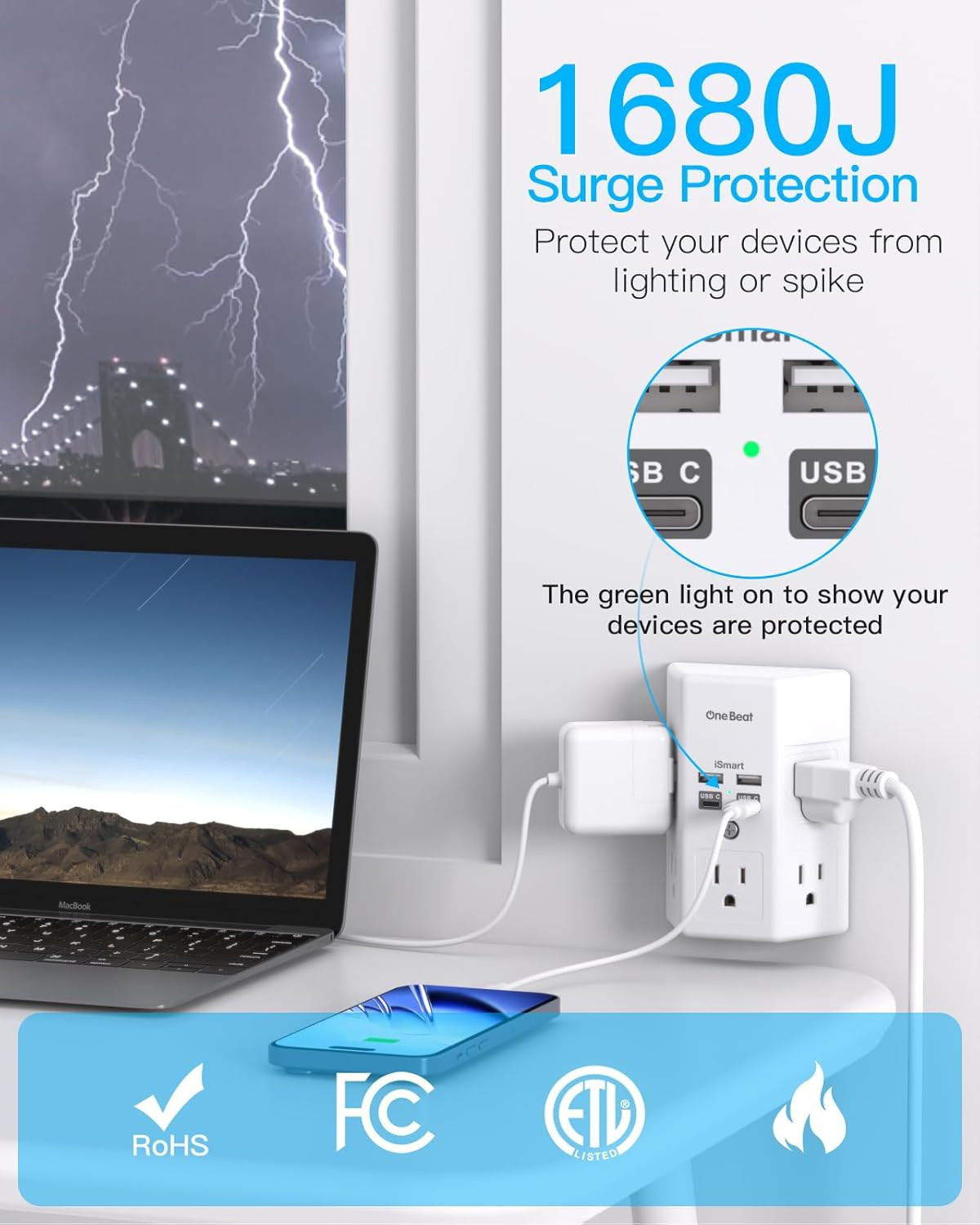 1680J 3 Side Power Strip Multi Plug Expander, Surge Protector, 5 Outlets Extende