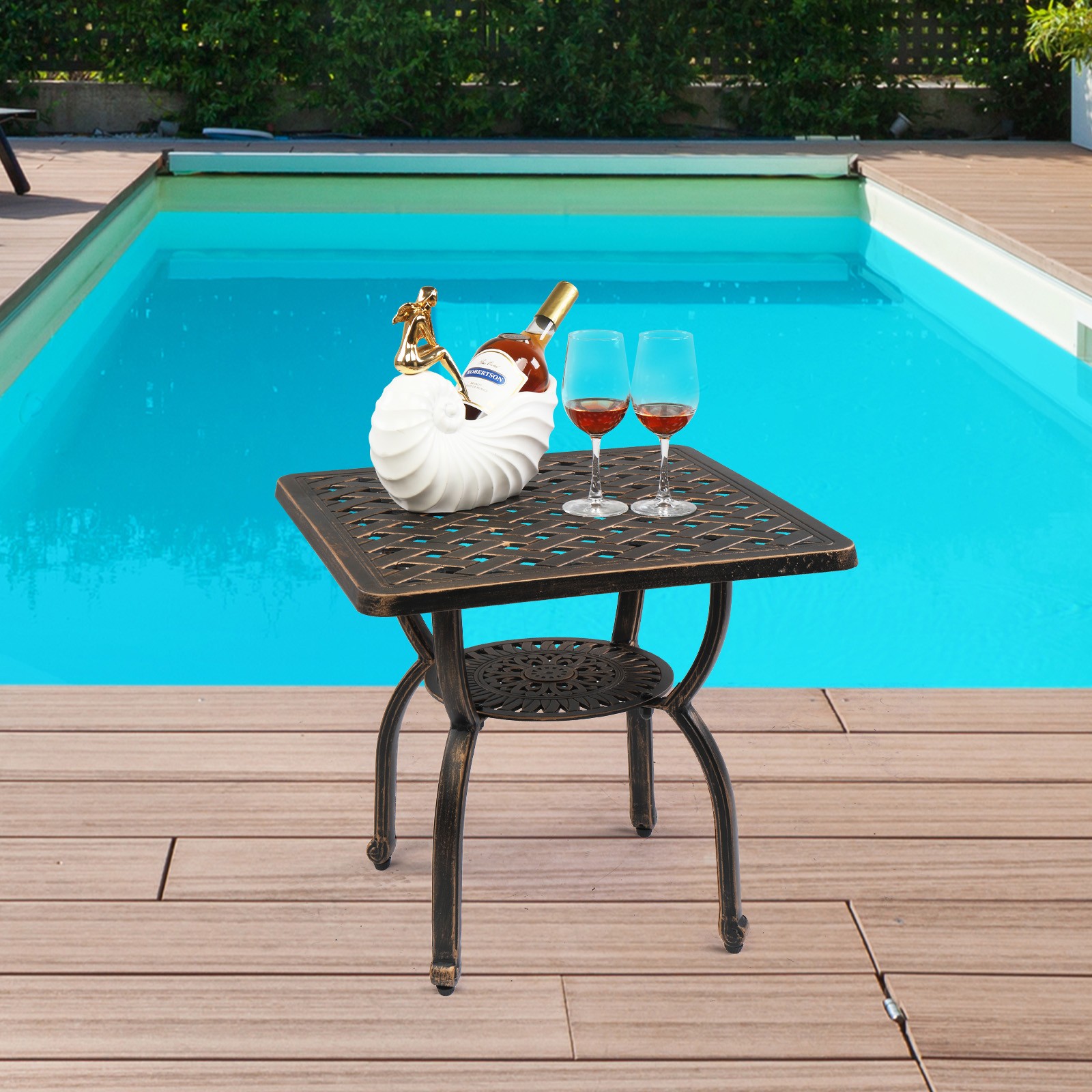21'' Cast Aluminum Outdoor Side Table with Storage Square Patio Coffee End Table