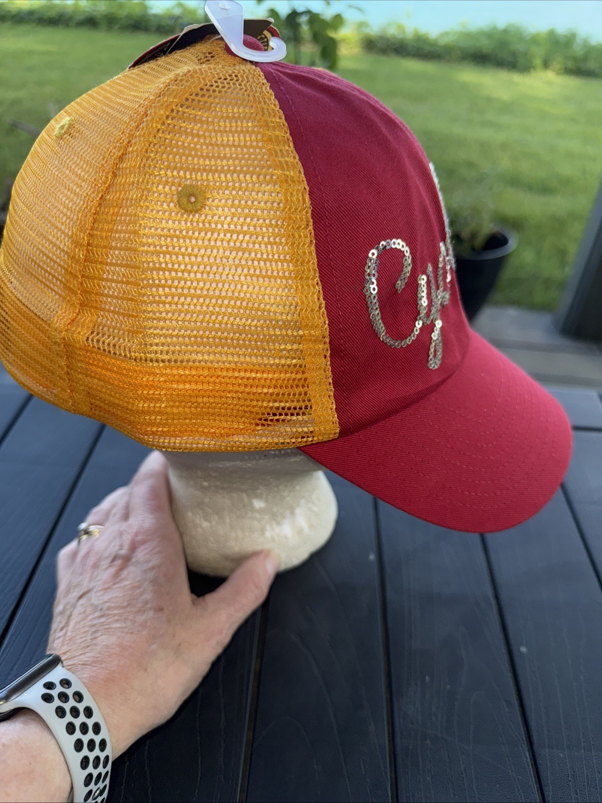 Iowa State Cyclones silver sequins script on Red Trucker Hat Cap w Yellow Mesh