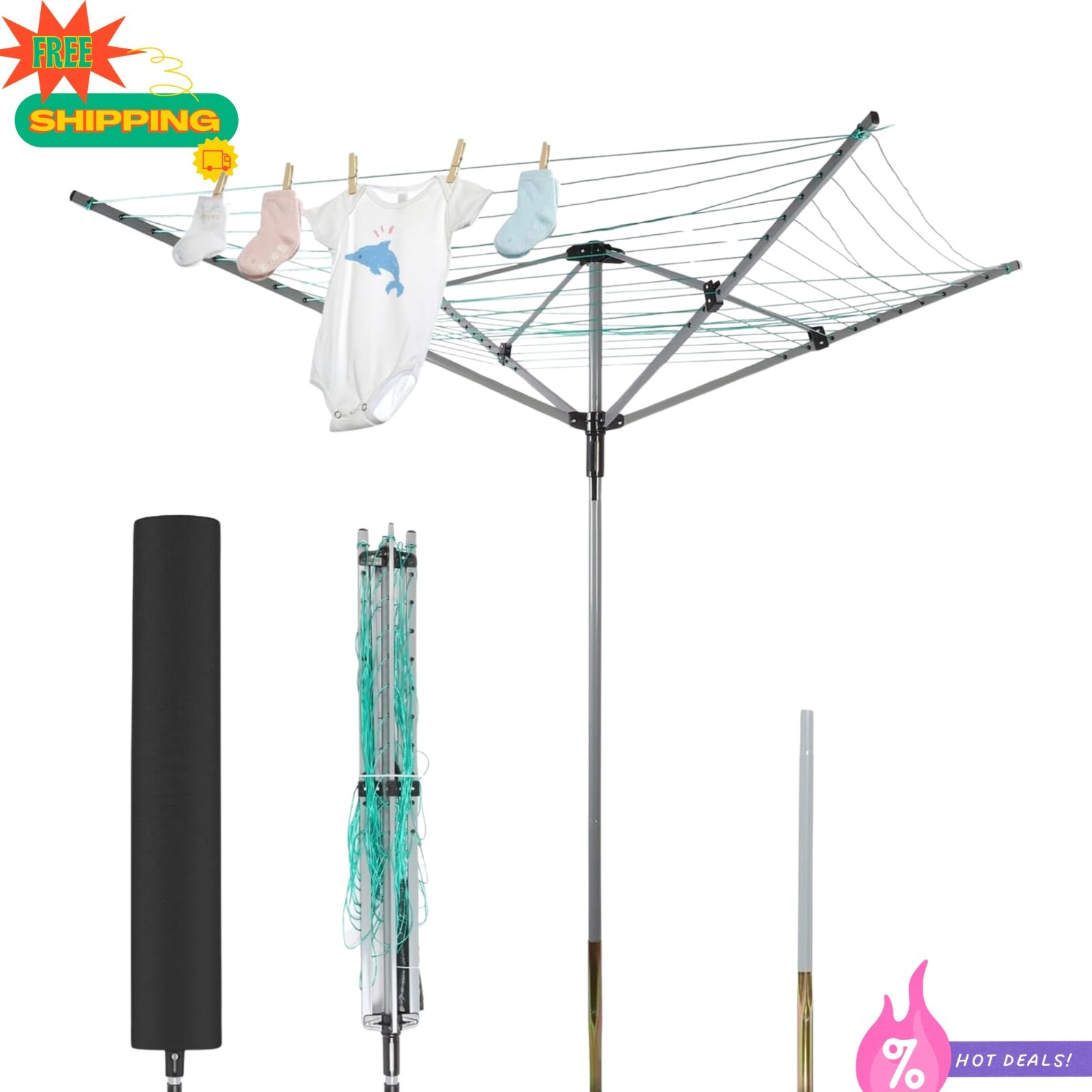 NEW Outdoor Rotary Clothesline Drying Rack 4 Arms 165FT Retractable Clothes Line