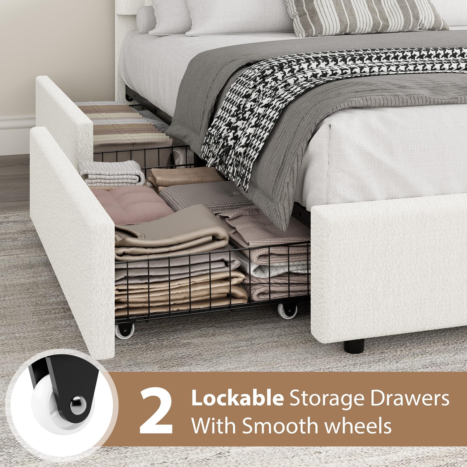 Queen Bed Frame, Headboard Boucle Upholstered Platform Bed Frame with 2 Drawers
