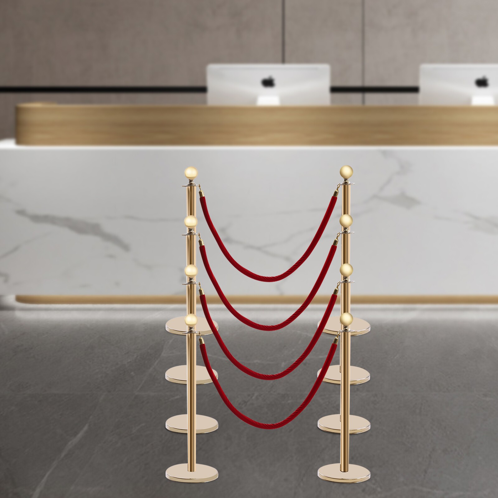 8 PCS Crowd Control Stanchion Gold Posts Set with Red Velvet Rope Queue Barrier