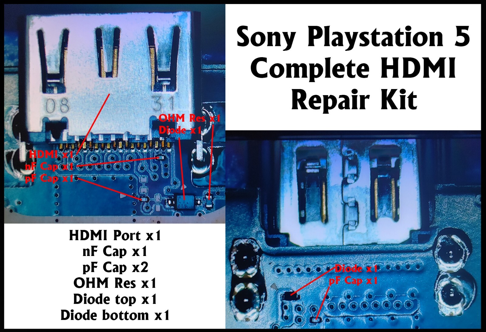 PS5 Playstation 5 HDMI Port Replacement & DIODES CAPACITORS RESISTORS Repair Kit