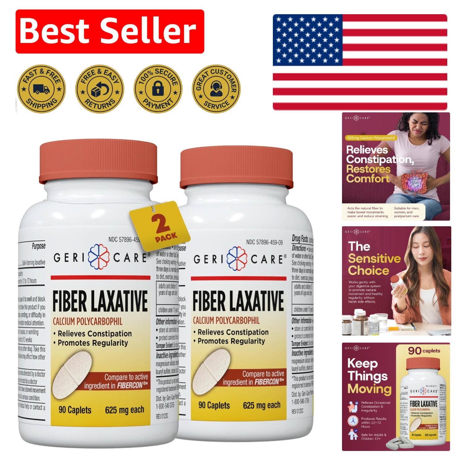 Calcium-Enriched Fiber Laxative - 625mg Caplets for Digestive Health, 180 Count