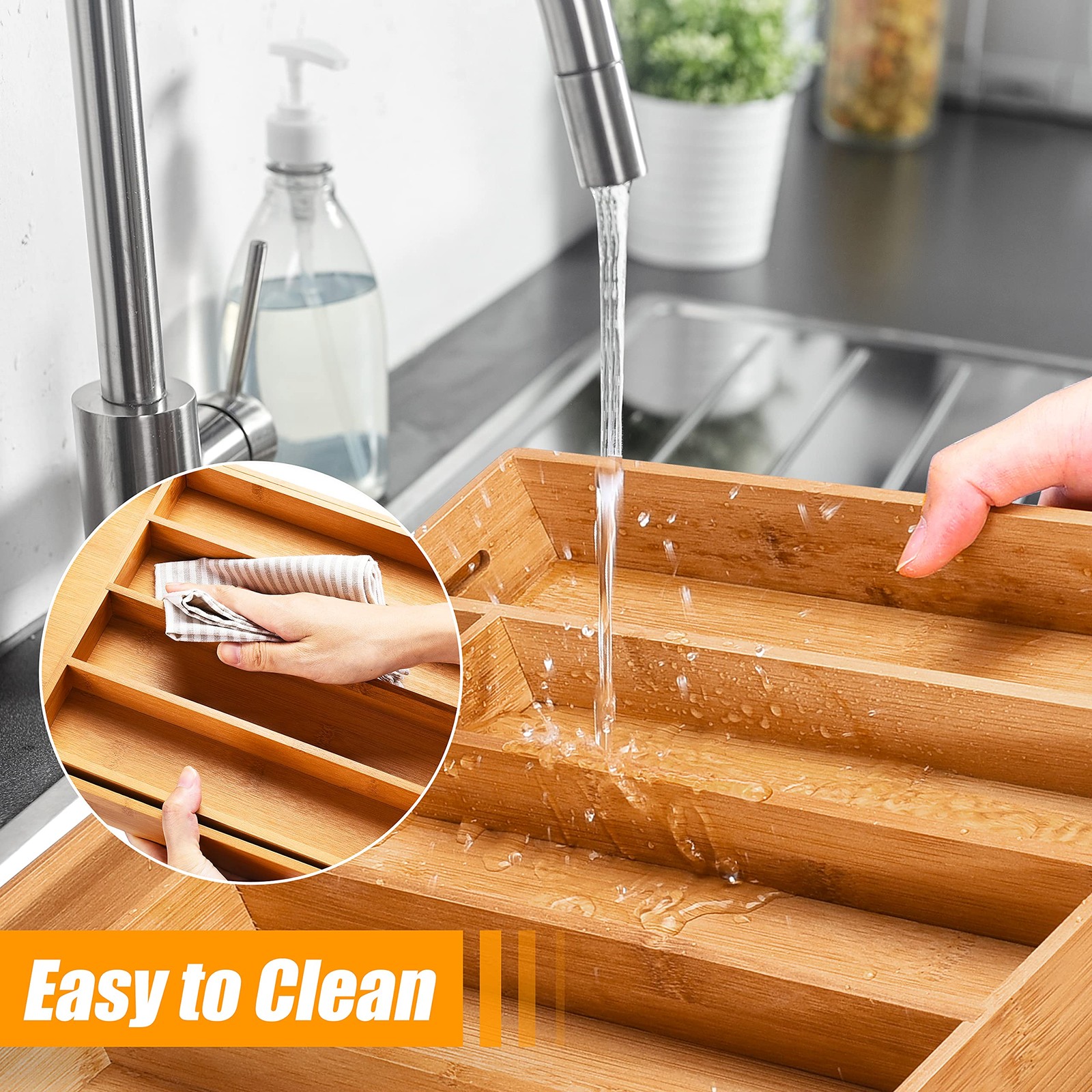 Bellsal Silverware Organizer Kitchen Drawer 7 Slots Expandable, Nature