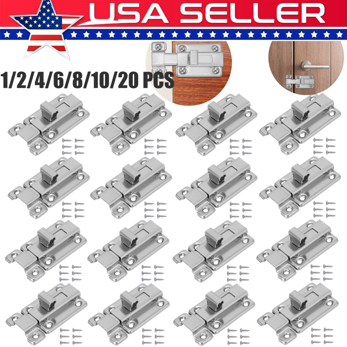 1-20 PCS Stainless Steel Slide Lock Keyless Door Lock Bolt Buckle Window Bolt