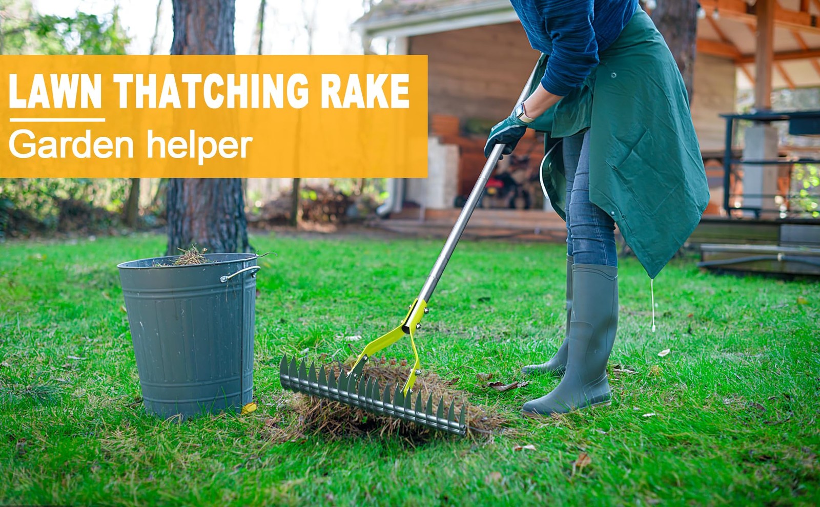 Thatch Rake Dethatcher - 15-Inch Wide Lawn Rake for Dead Grass Removal, Stain...