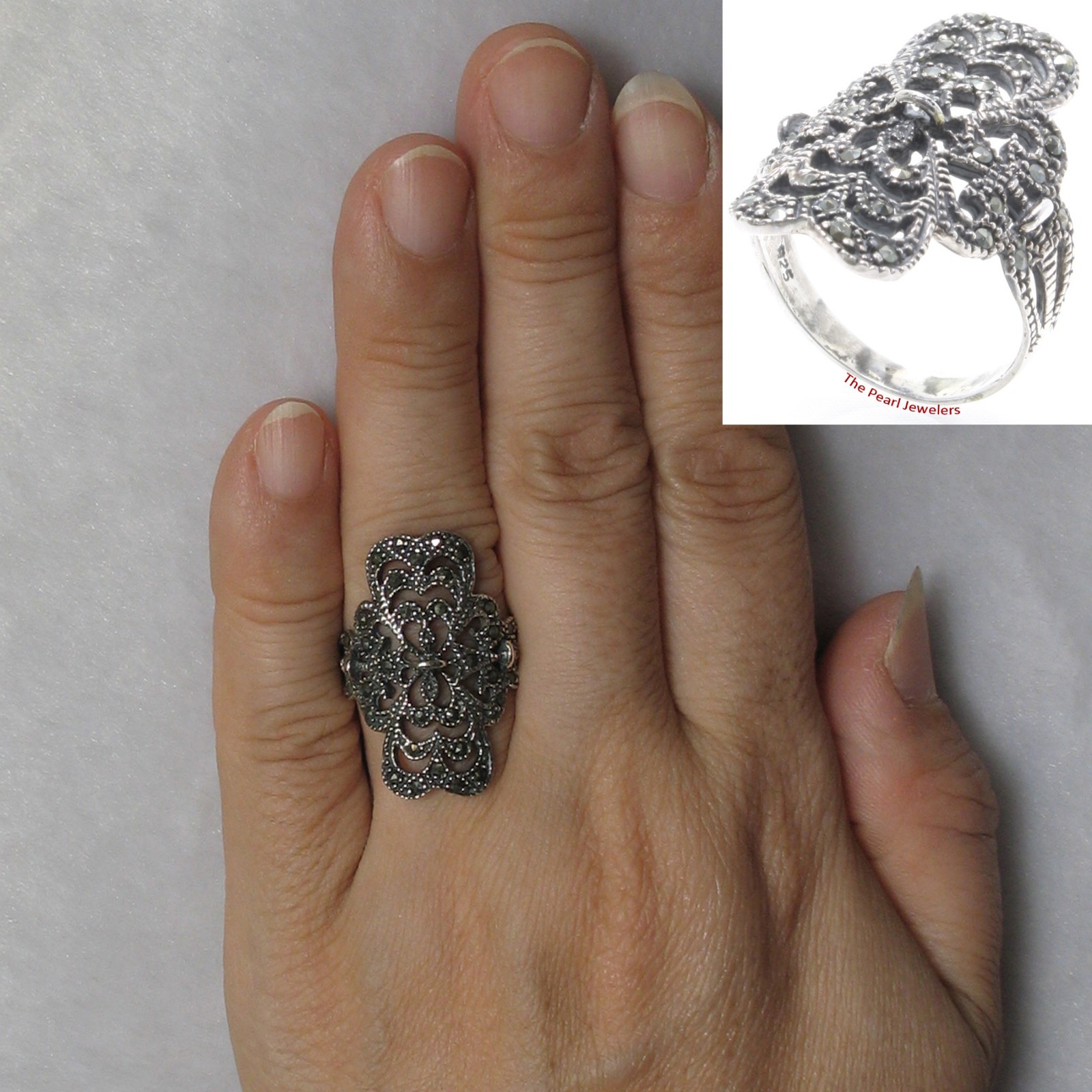 Beautiful Heart-Crest 925 Sterling Silver Cocktail Ring Studded w/ Marcasite TPJ