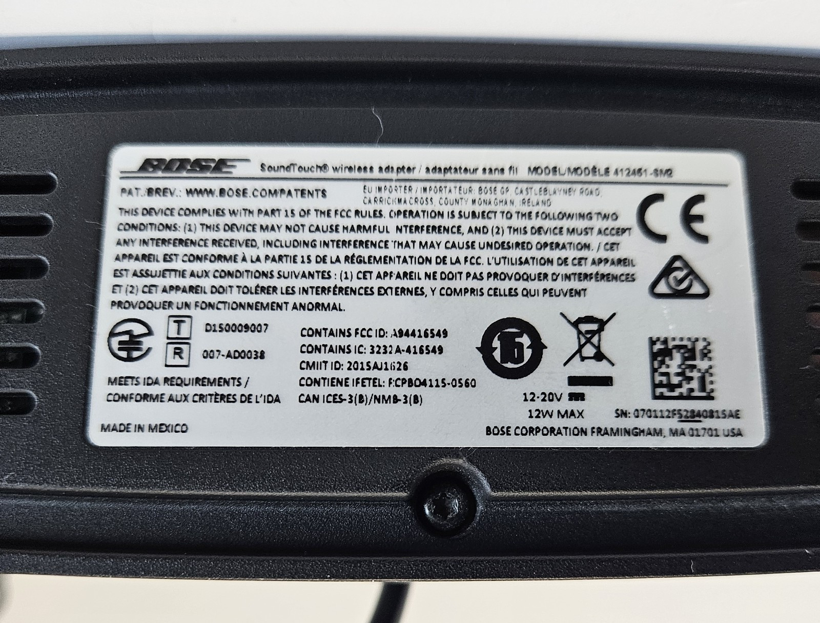 Bose SoundTouch Wireless Adapter WiFi Bluetooth Black 412451