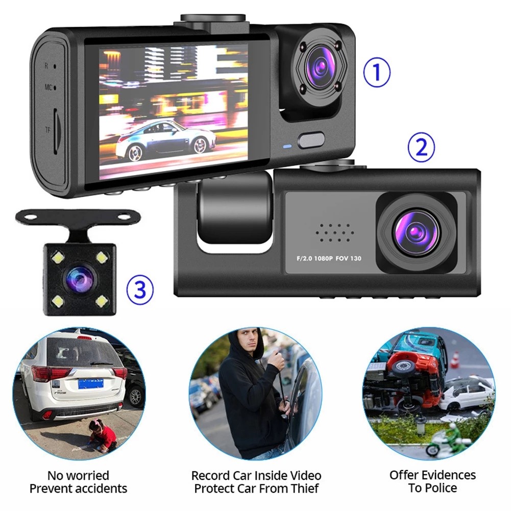 HD 1080P Dual Lens Car Dash Cam Front/Rear/Inside Video Recorder Camera G-sensor