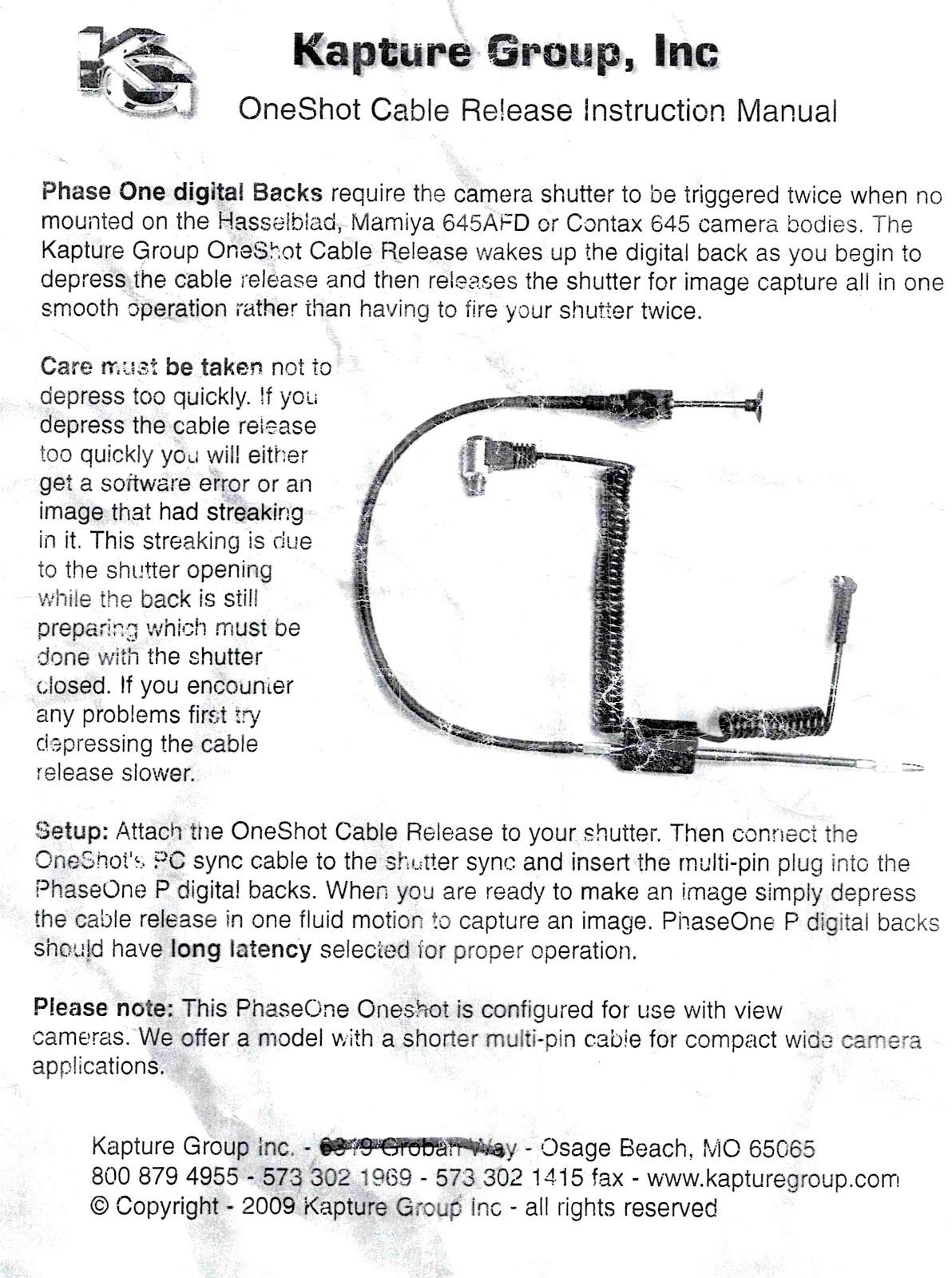 Kapture Group One Shot Release Cable for Phase One digital backs 2.5mm