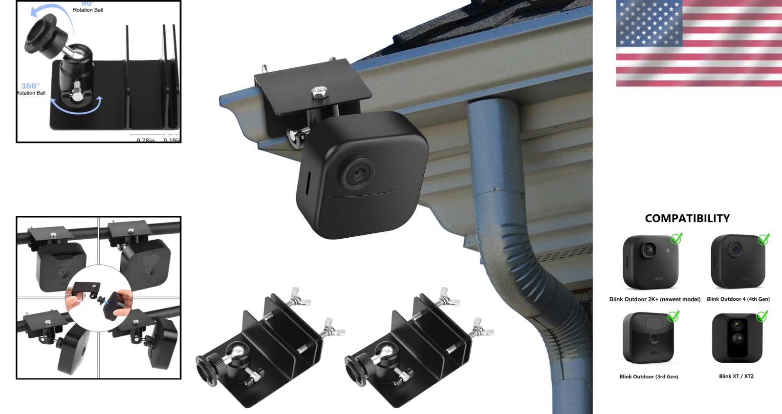 Adjustable Gutter Mount Bracket for Blink Outdoor 3rd/4th Gen Cameras, 2 Pack