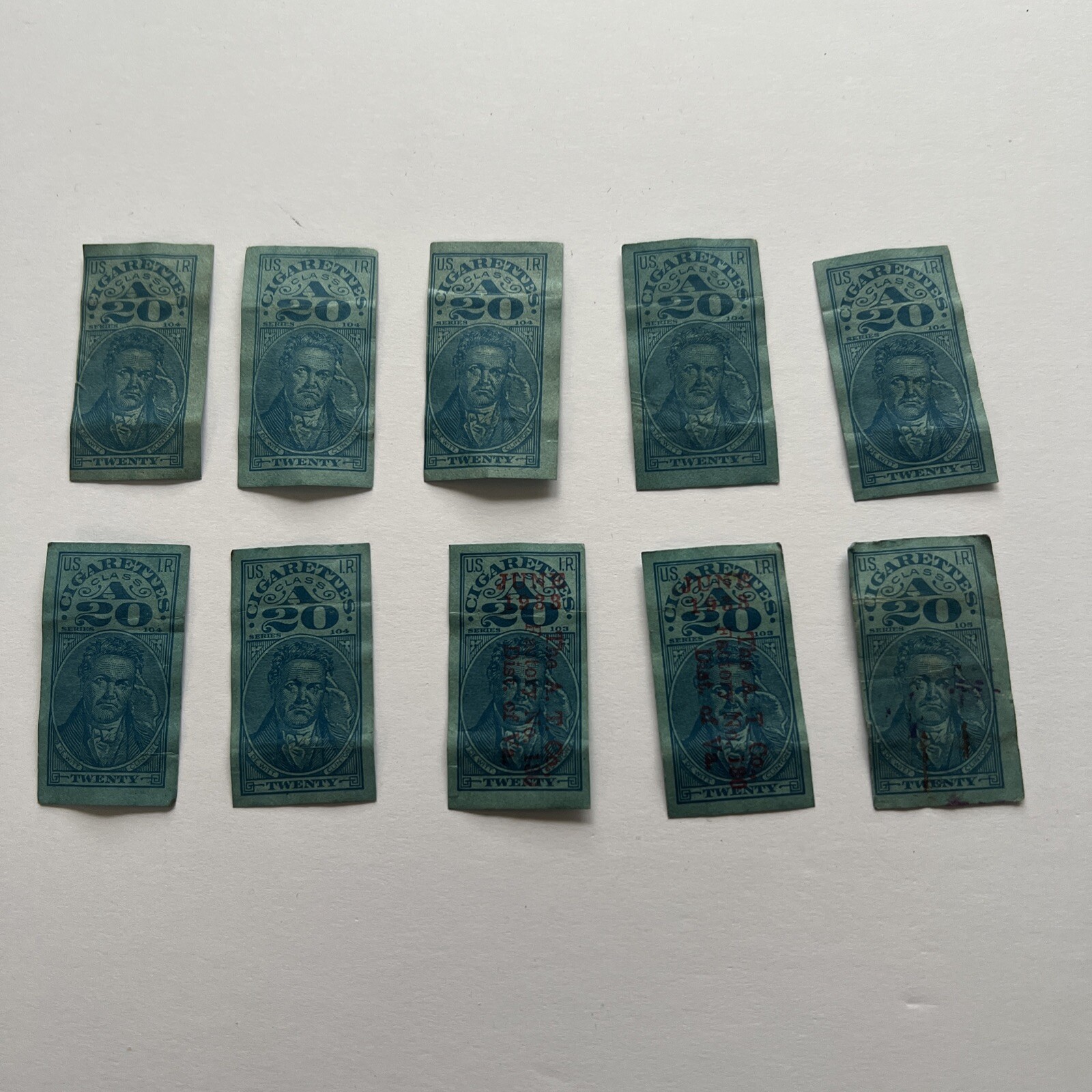 10 Cigarettes Revenue Tax Stamp WW2 Dewitt Clinton Series 103,104,105 A 20