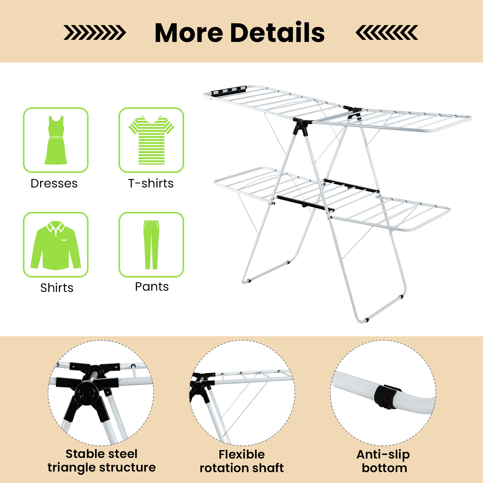 2-Tier Foldable Clothes Drying Rack 2-Level Garment Hanger w/Adjustable Gullwing