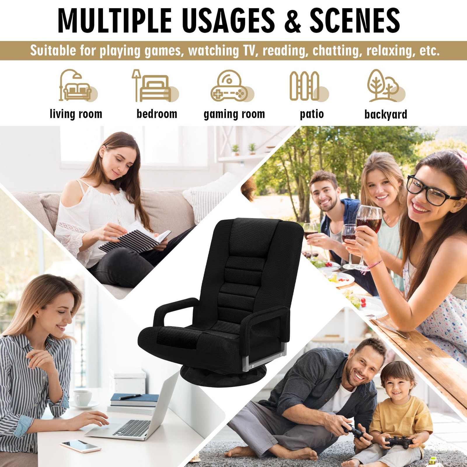 Swivel Floor Gaming Chair W/armrests Folding Video Reclining Sofa W/6 Adjustable