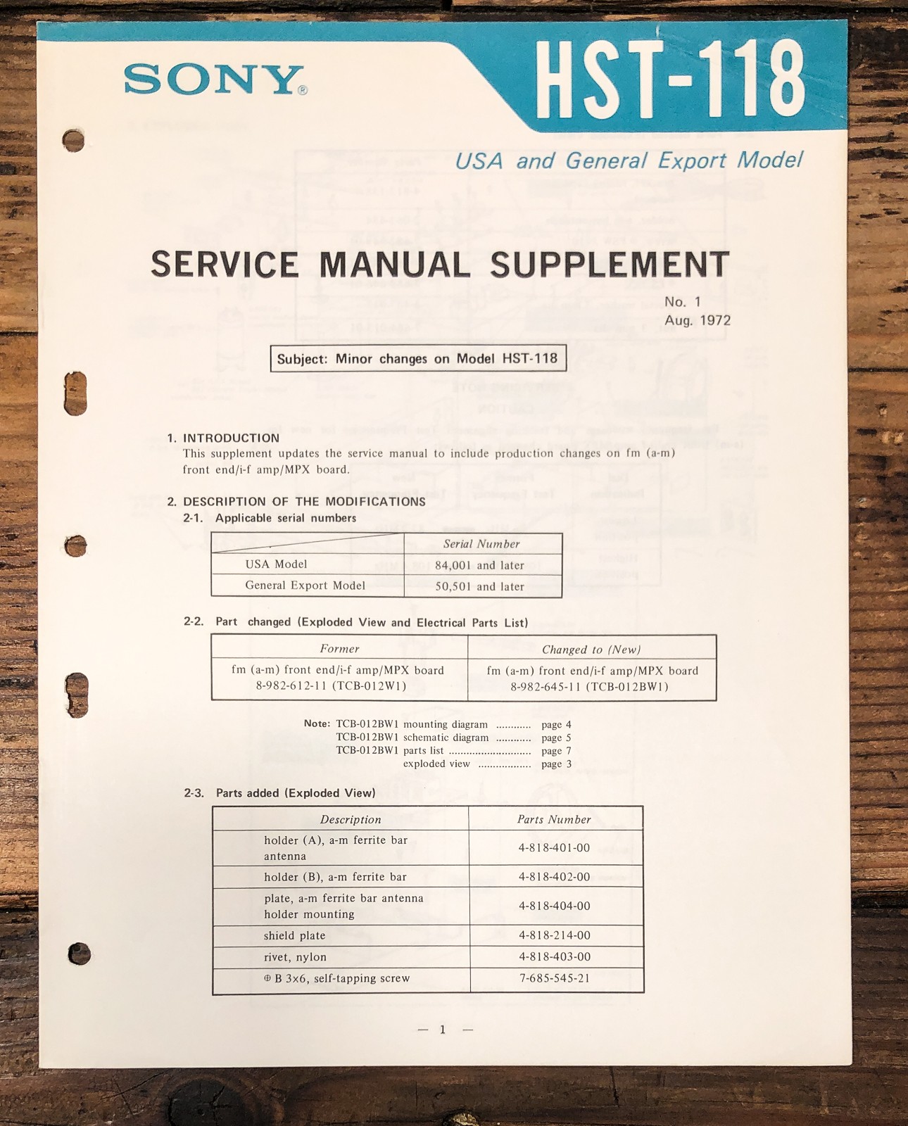 Sony HST-118 Receiver Supplement Service Manual *Original*