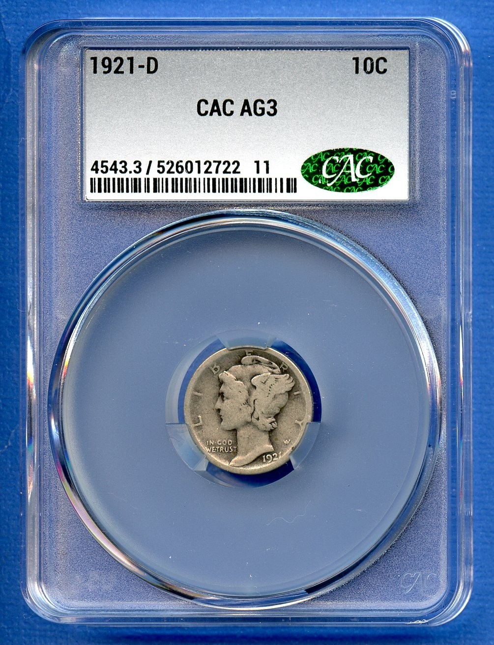 1921 D CAC AG3 Mercury Dime 10c US Mint Silver Coin Rare Key 1921-D AG-03 CACG