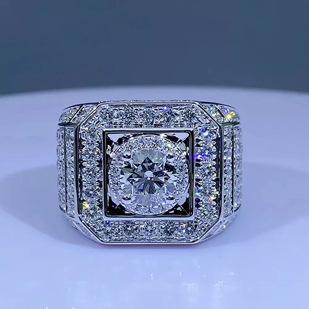 3.20Ct Round Cut Moissanite Men's Halo Pinky Ring 14K White Gold Plated Silver