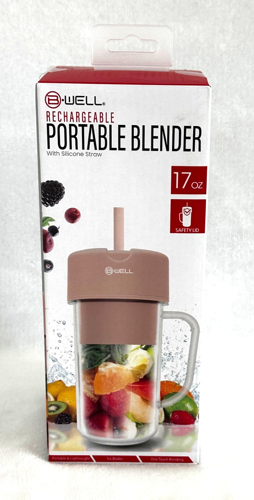 B-Well Rechargeable Portable Blender 17 oz White 6-Blade w/ Straw USB-C