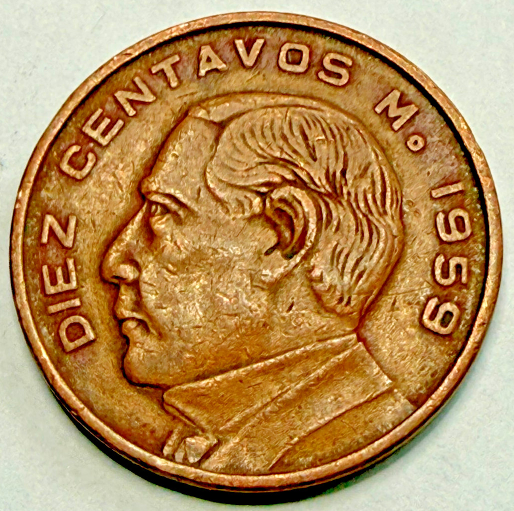 1959 Mexico Diez 10 Centavos Benito-Juarez Bronze Coin
