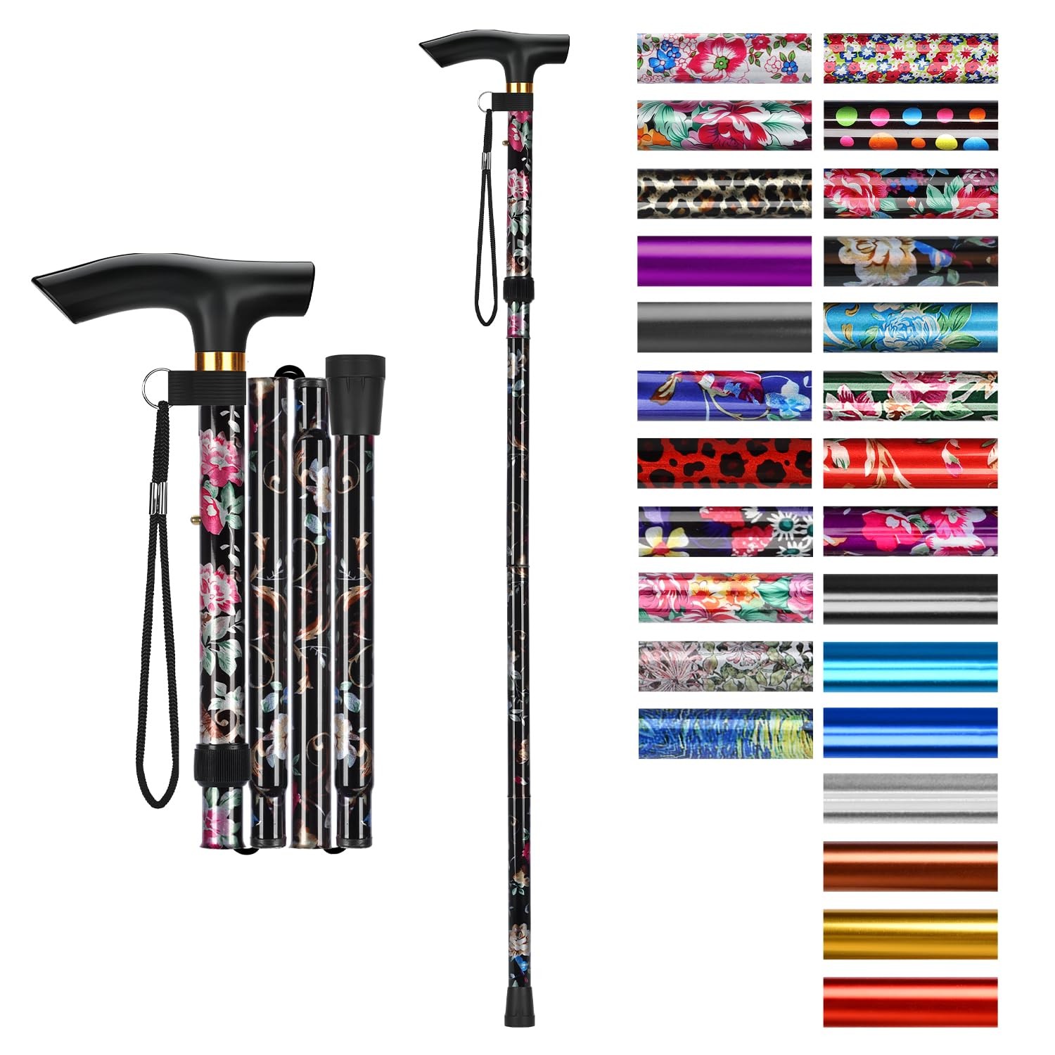 Folding Cane, 5-Level Adjustable Height 33-37", Black Floral