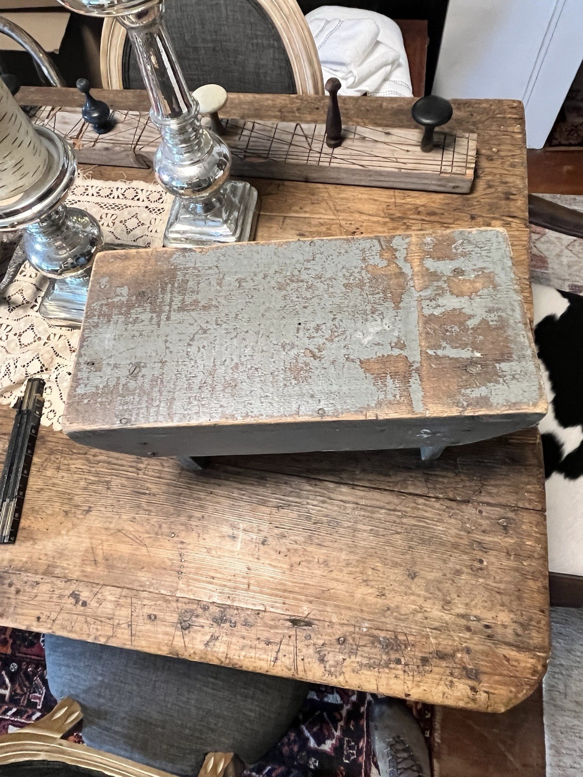AAFA Antique Wooden Step Stool Riser Footstool Primitive Decor Original Blue