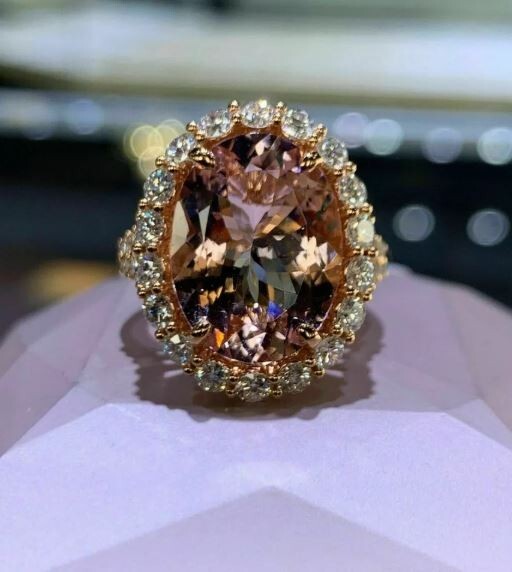 4Ct Oval Lab Created Peach Morganite Halo Engagement Ring 14K Rose Gold Plated
