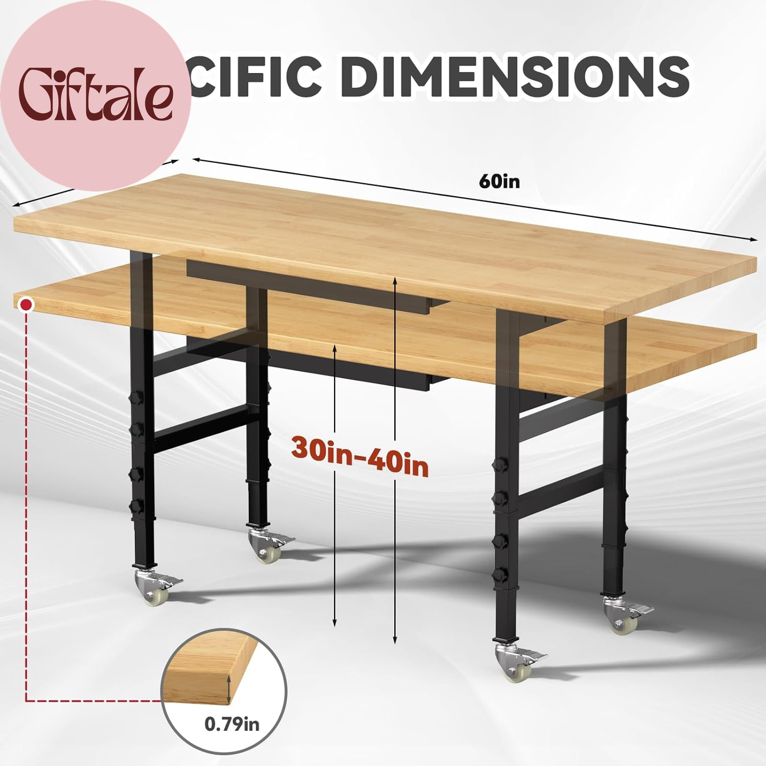 60" Solid Wood Work Bench, Heavy Duty Work Table with Drawers, Portable Garage W