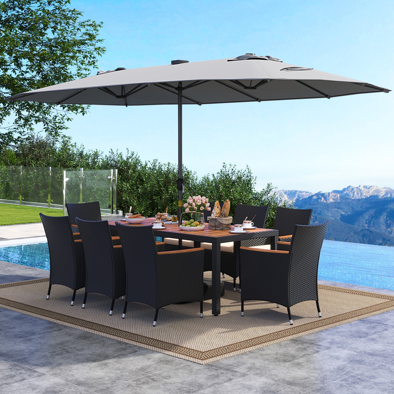 11 PCS Patio Dining Set with 15ft Double-Sided Patio Umbrella (Base Included)