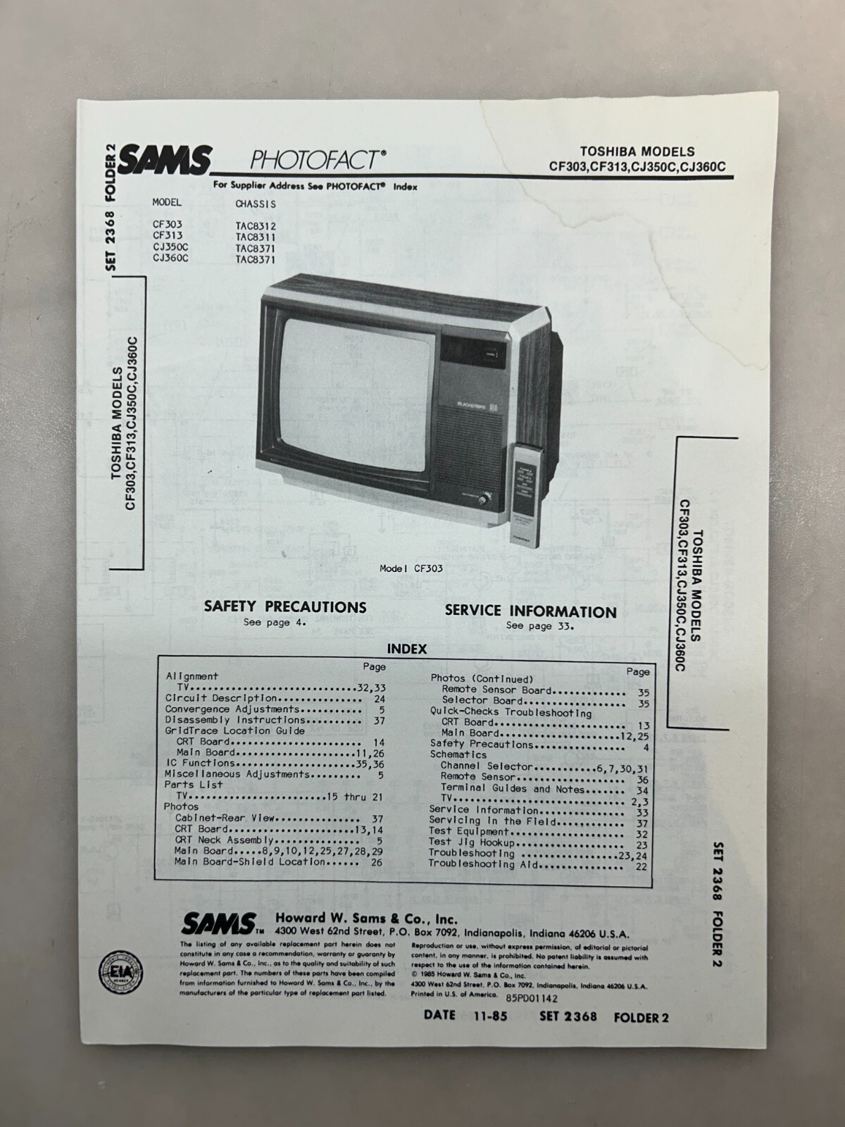 Toshiba CF303 CF313 CJ350C CJ360C Service Manual Sams Photofact Free Shipping