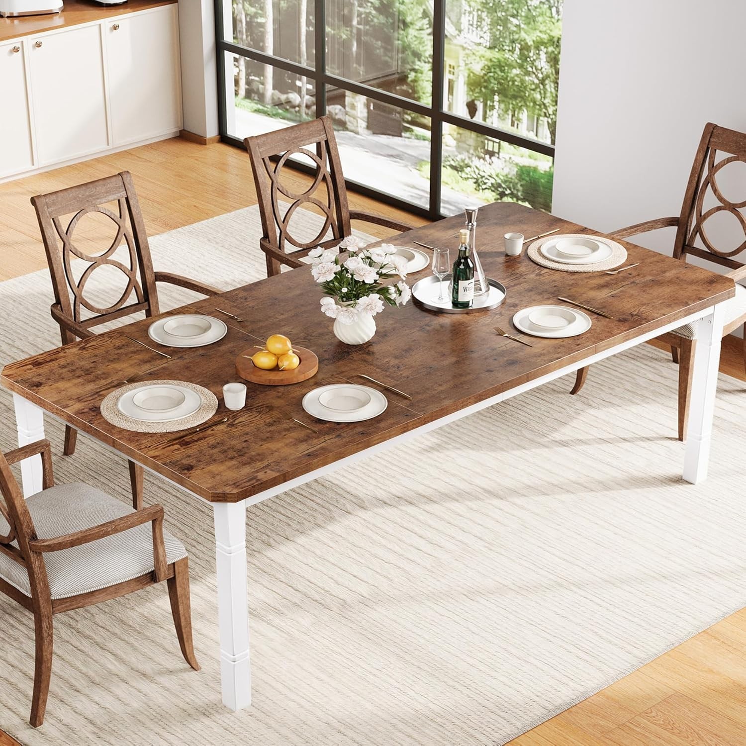 Large Dining Table 6-8 People 79" Wooden Kitchen Table W/ Sturdy Metal Frame